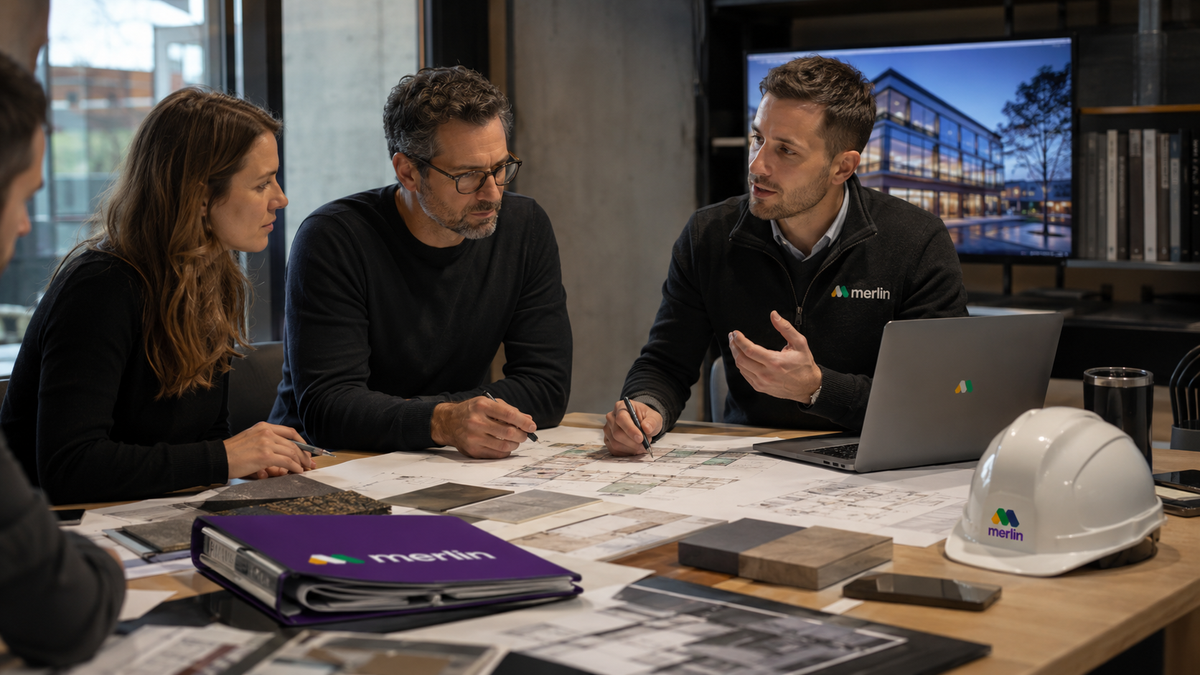 Construction developer coordinating contractors, suppliers, and subcontractors through a digital supply chain platform with project schedules, procurement, and workflow dashboards.