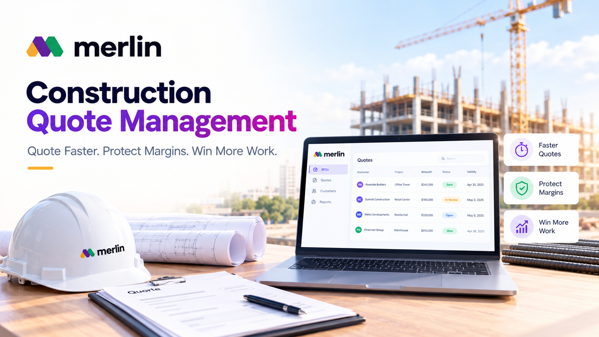 Construction management software showing quote with pricing, lead times, and a validity date before sending it to a buyer