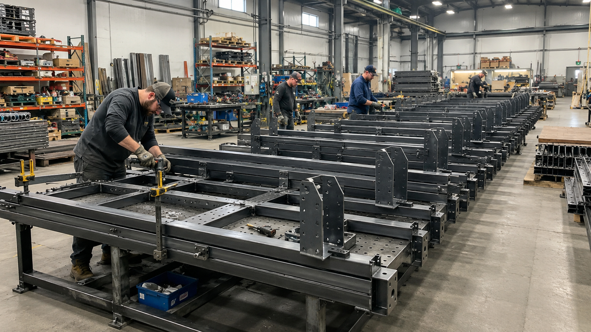 Contractor fabrication team assembling repeatable metal components in a production shop with organized materials, tools, and workstations.