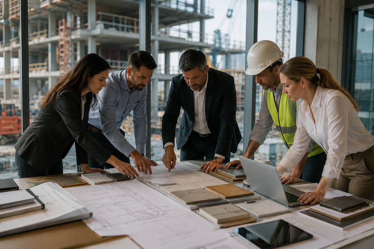 Developer-led construction procurement meeting with project managers reviewing supplier materials, cost data, schedules, and purchasing plans.