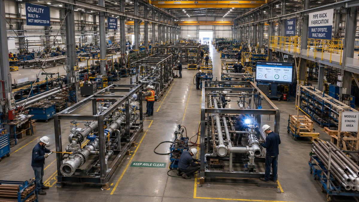 Mechanical contractor prefab shop with pipe rack assemblies in production structured workflow replacing on-site installation