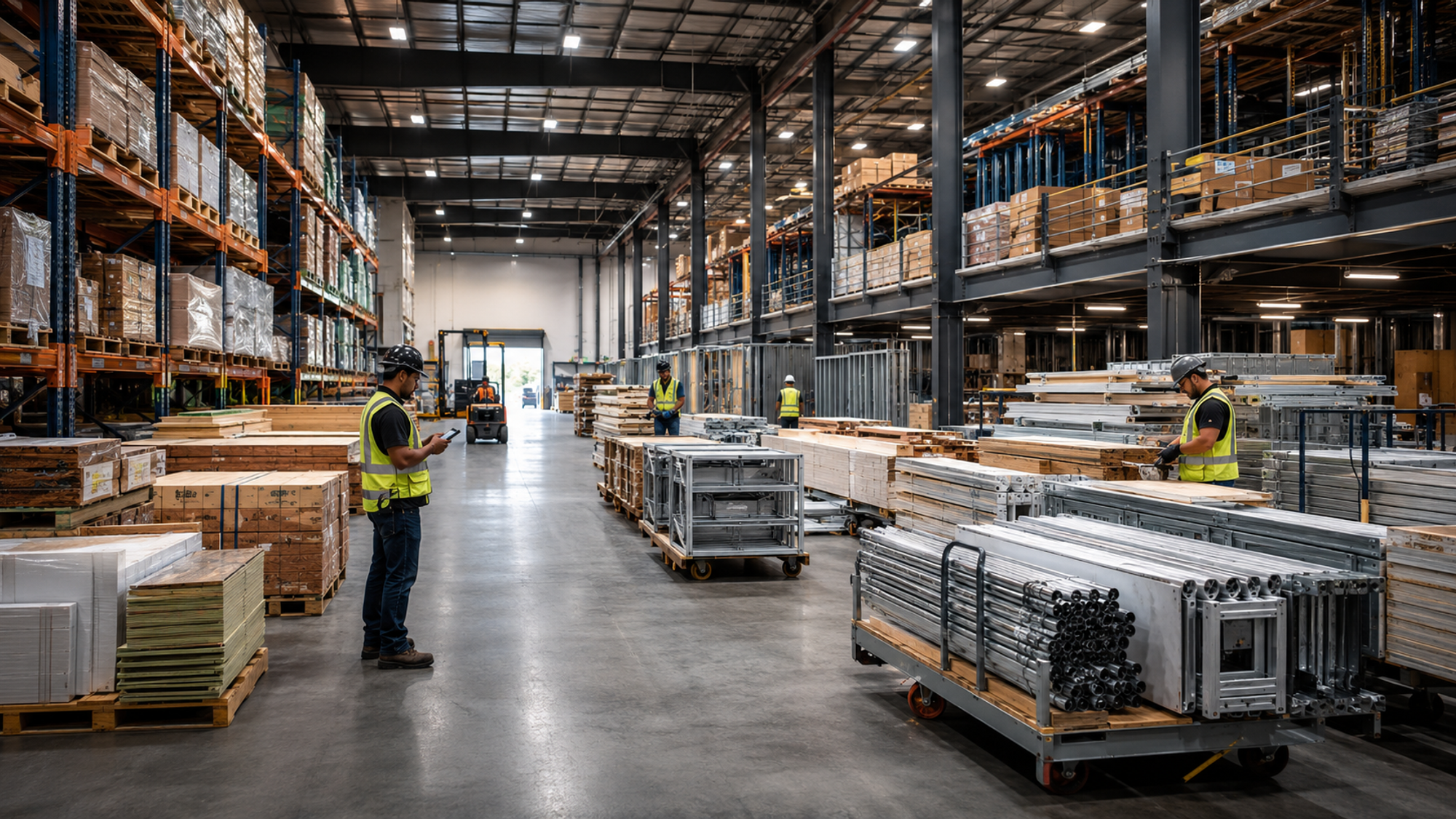Contractor warehouse with organised racking and project staged materials ready for site delivery