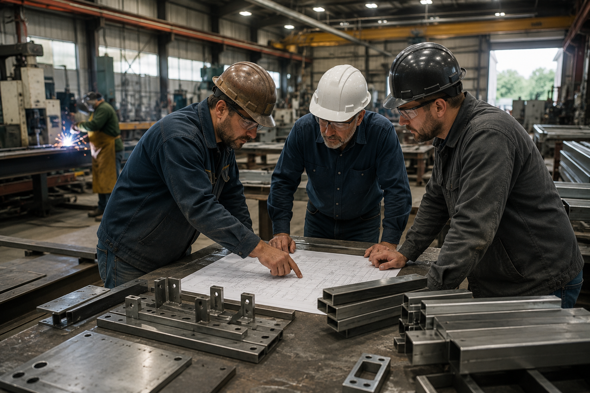Fabrication team reviewing shop drawings, material samples, and project plans during a construction procurement discussion.