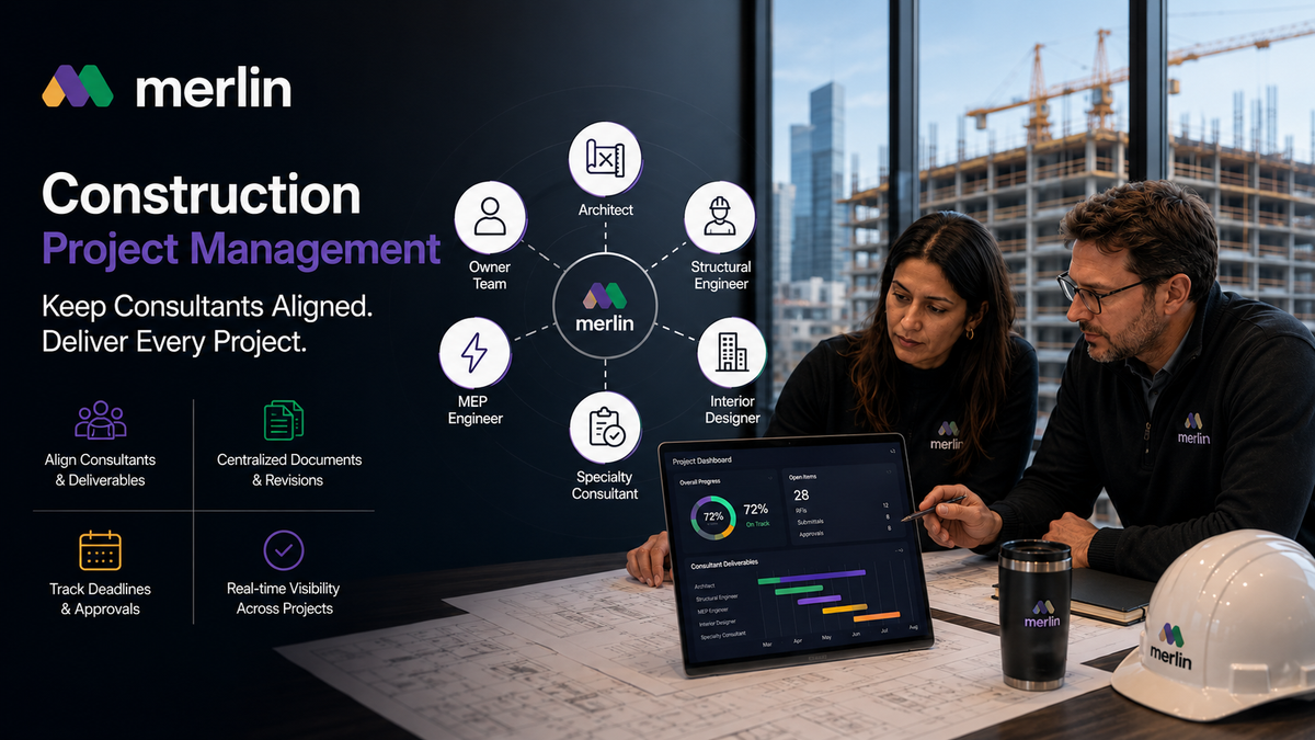 Construction owner team using project management software to coordinate architects, engineers, consultants, project timelines, and document approvals.