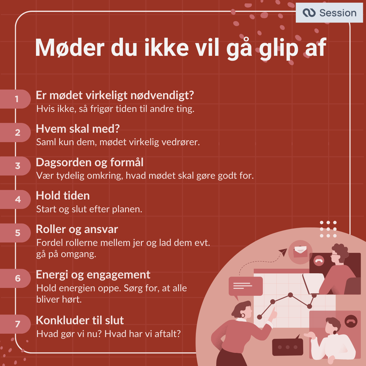 Illustration af 7 tips til at arrangere "Møder du ikke vil gå glip af".