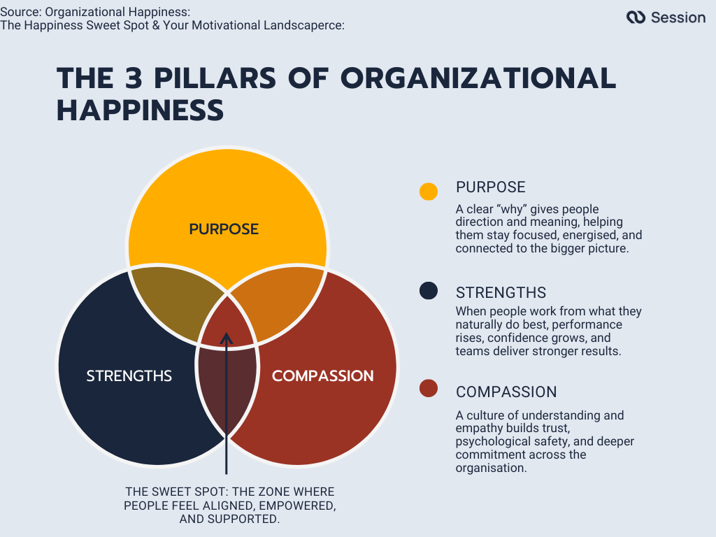 Infographic showcasing the 3 pillars of organizational happiness; purpose, strengths, and compassion