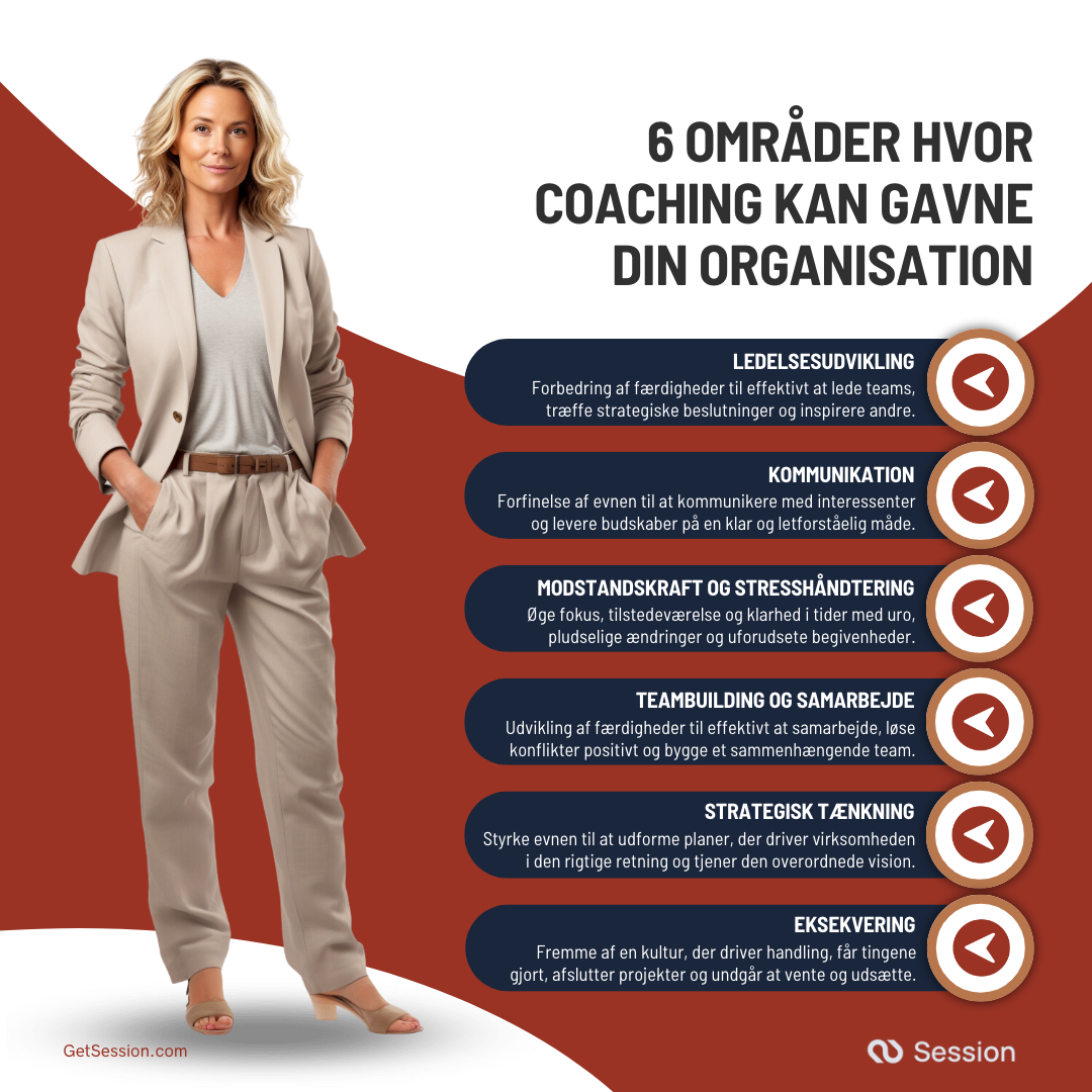 Illustration af 6 områder, hvor erhvervscoaching kan gavne en organisation. F.eks. Ledelsedudvikling, Kommunikation, Modstandskraft og Stresshåndtering, Teambuilding og Samarbejde, Strategisk Tænkning og Eksekvering.