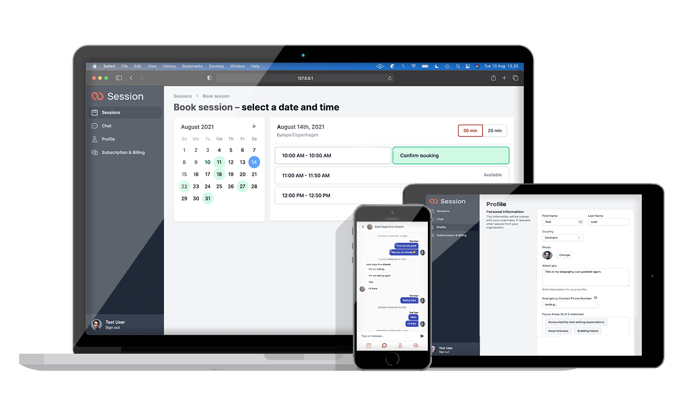 Sessions coachingplatform vist på tre forskellige enheder