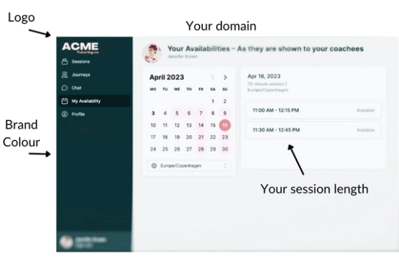 Screenshot of the session platform showing customization options for session length, domain, logo and styles.