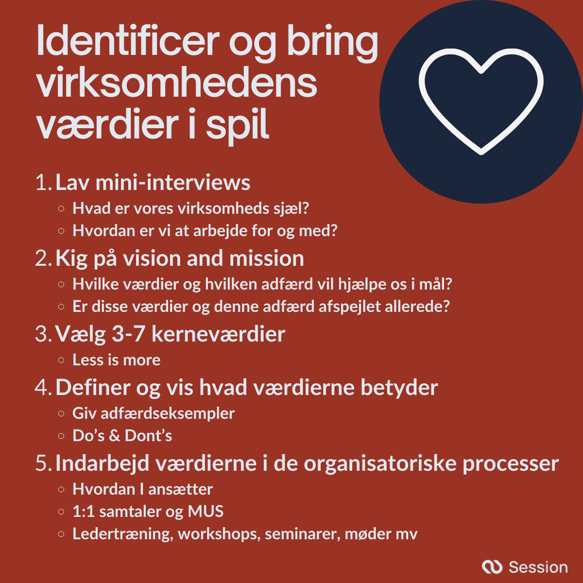 Illustration med et resumé af tips til at hjælpe jer med at identificere og bringe jeres virksomheds kerneværdier i spil.