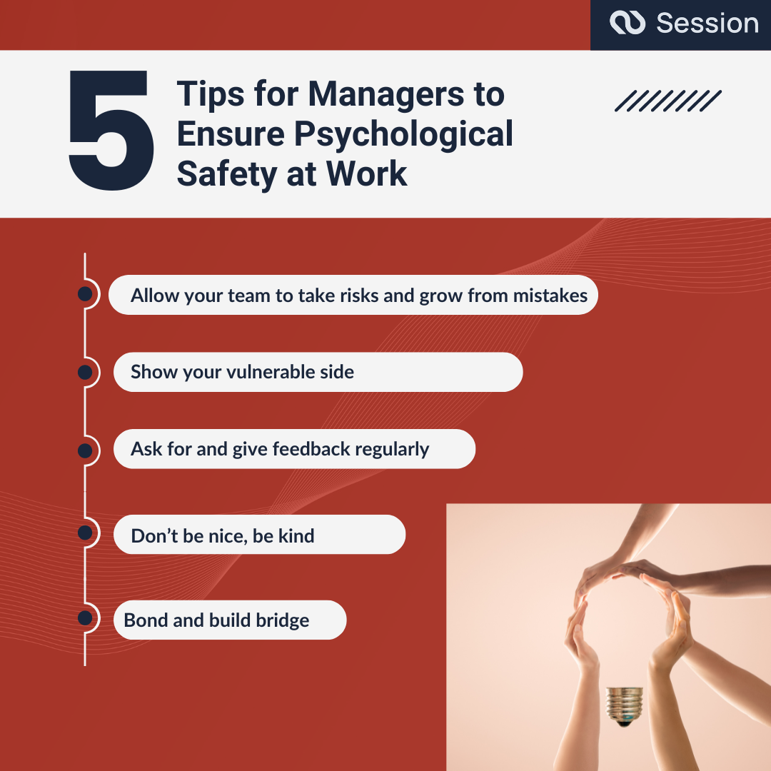 List of 5 tips for Managers to Ensure Psychological Safety at Work.