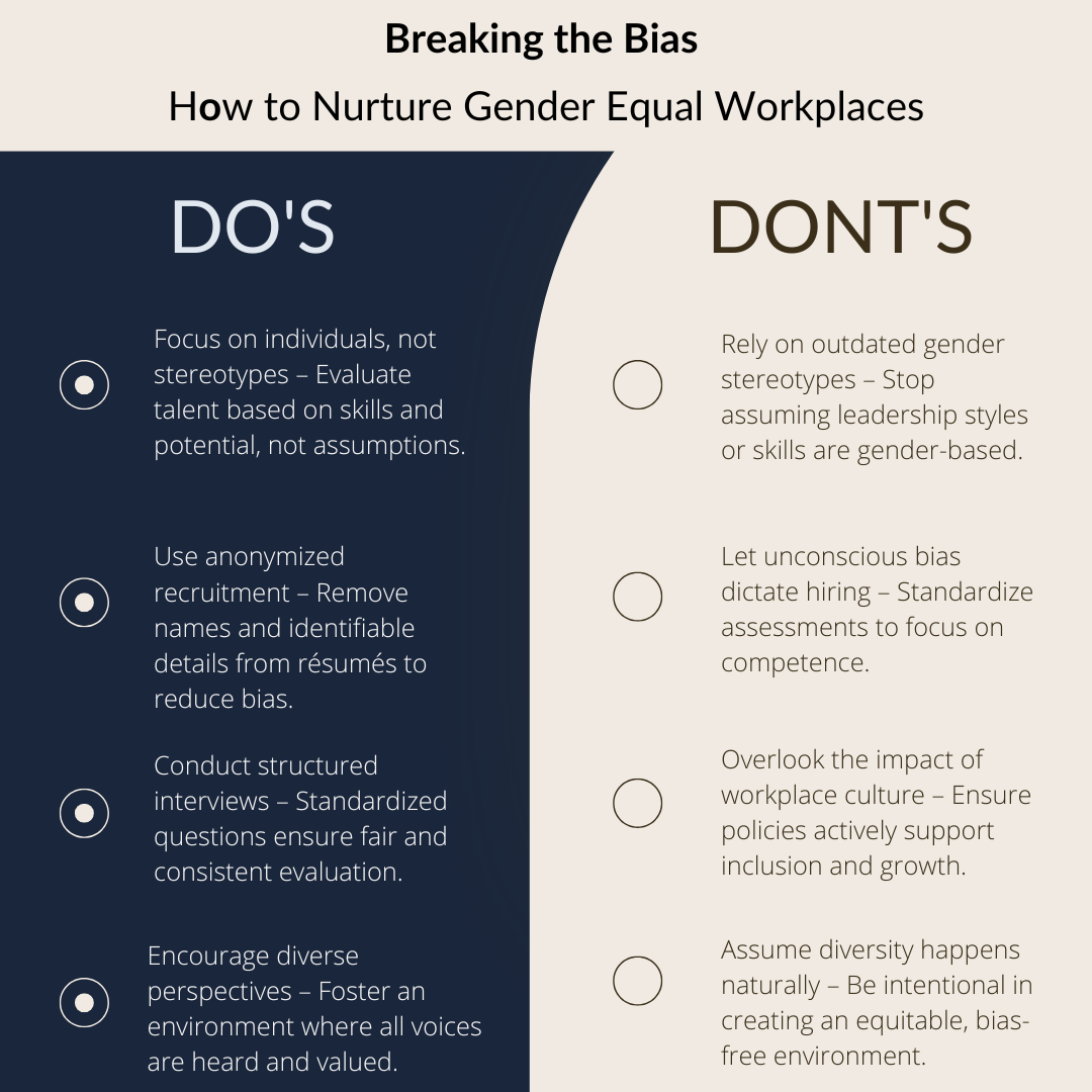 Infographic highlighting key do's and don'ts for fostering gender-equal workplaces.