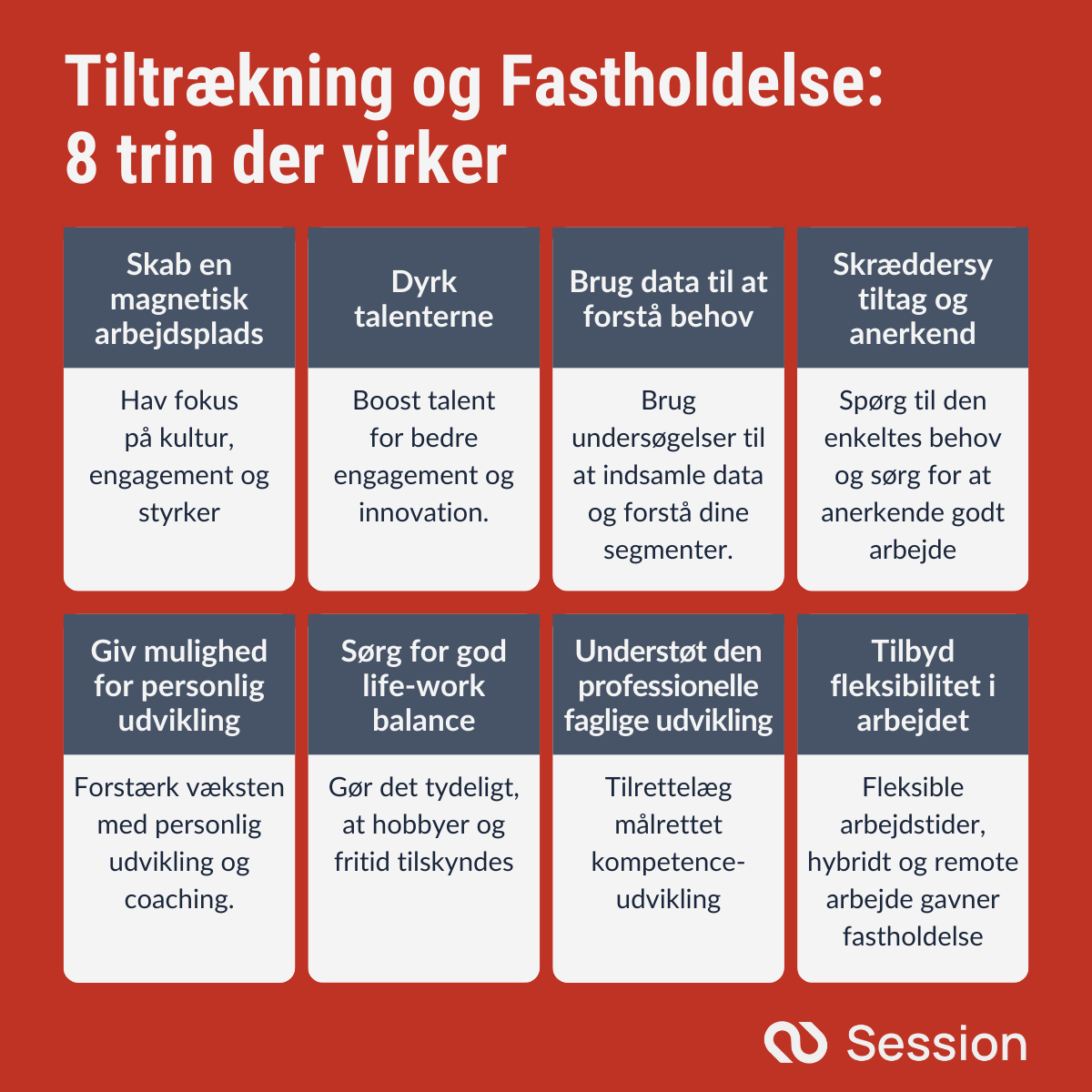 Skabelon med 8 ting der øger evnen til at tiltrække og fastholde gode medarbejdere.