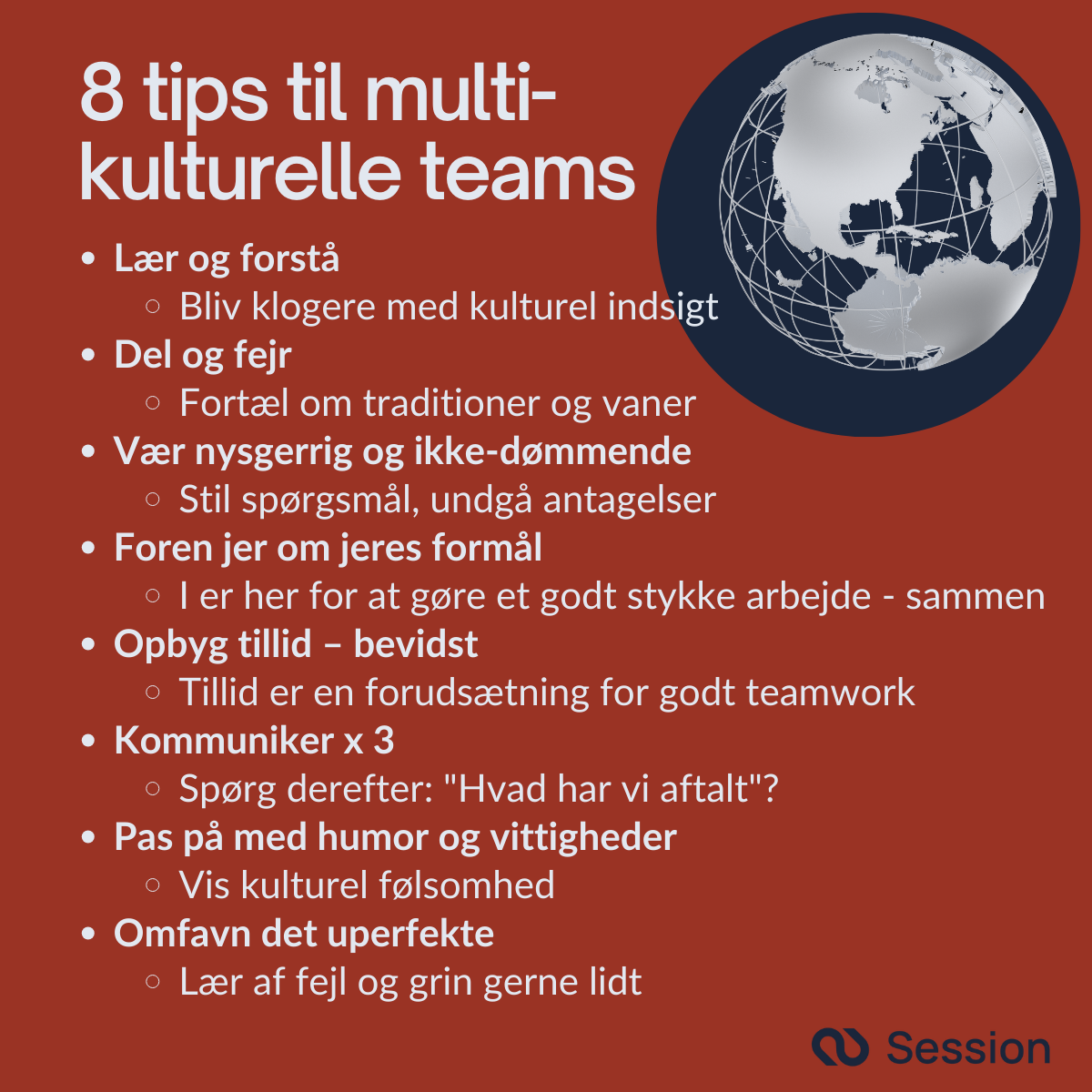 Illustration, der viser de 8 bedste tips til at få multikulturelle teams til at fungere