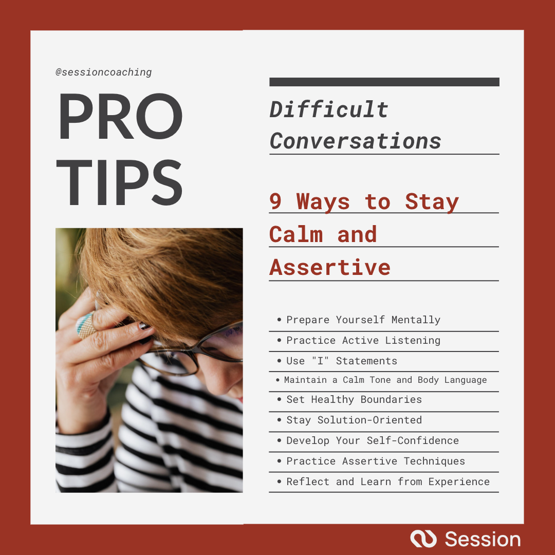 Illustration of 9 Ways to Stay Calm and Assertive during Difficult Conversations.