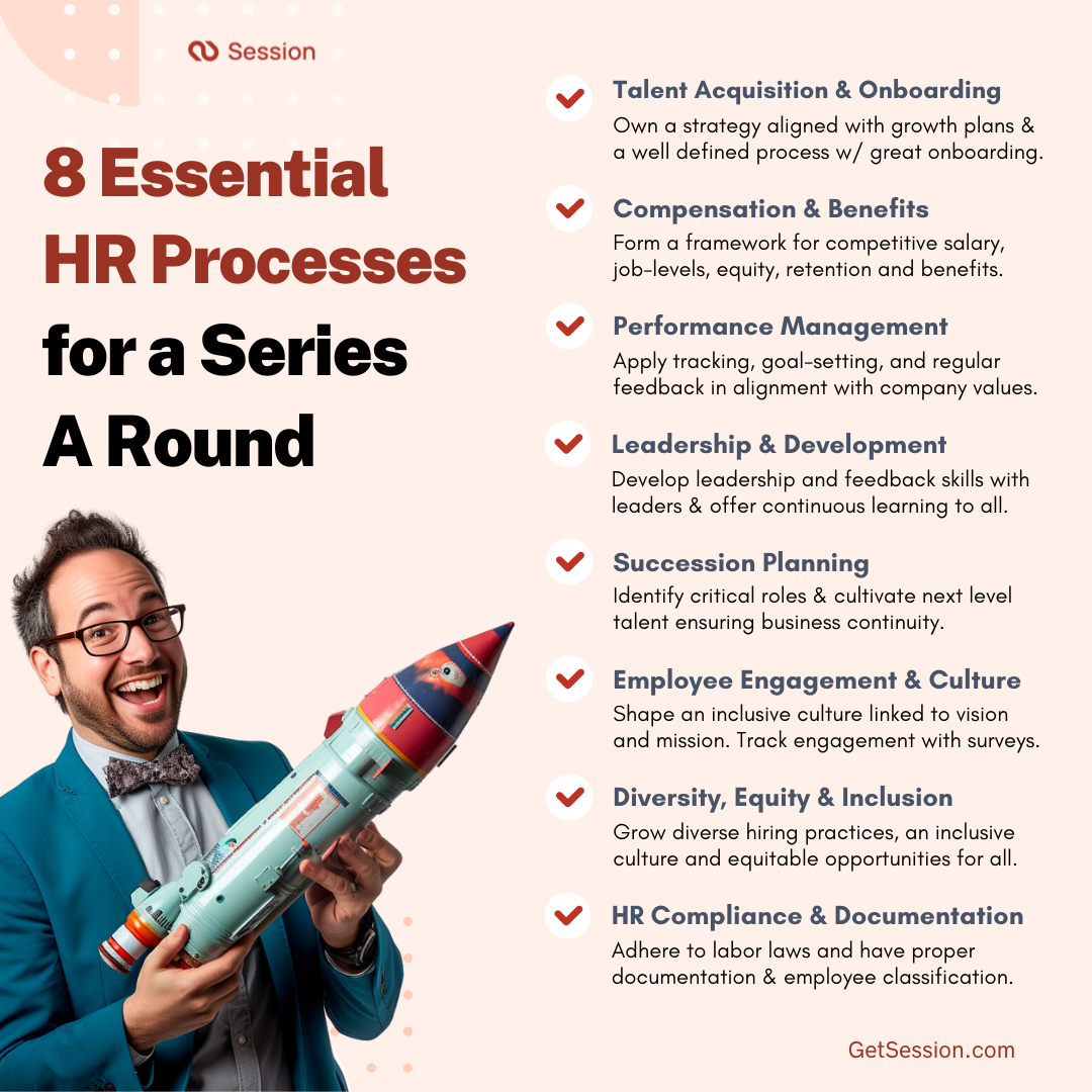 Image depicting an HR professional holding a toy rocket. A list of 8 essential HR processes for a Series A Round.