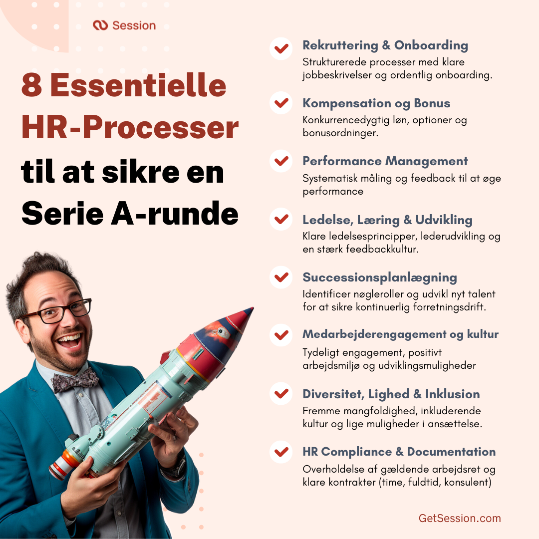 Billede, der viser en HR-medarbejder, der holder en raket. En liste over 8 essentielle HR-processer til en Serie A-runde.
