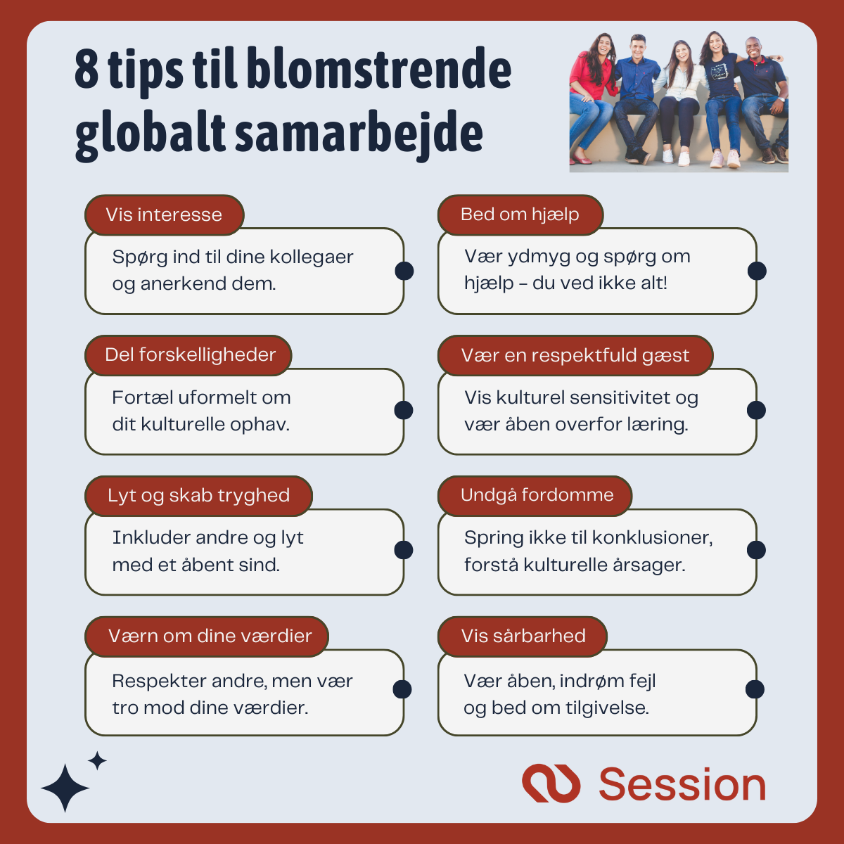 Illustration af 8 Tips til blomstrende globalt samarbejde.