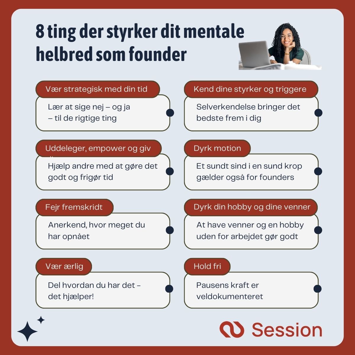 Illustration af 8 ting der styrker den mentale sundhed hos founders.