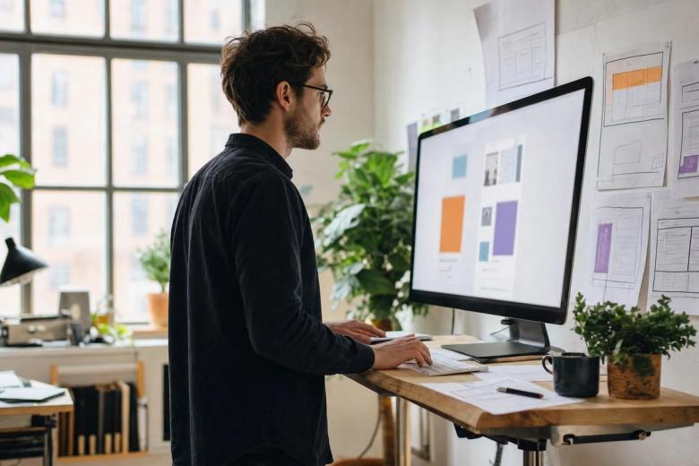 Web designer at a standing desk building a page layout on a large monitor