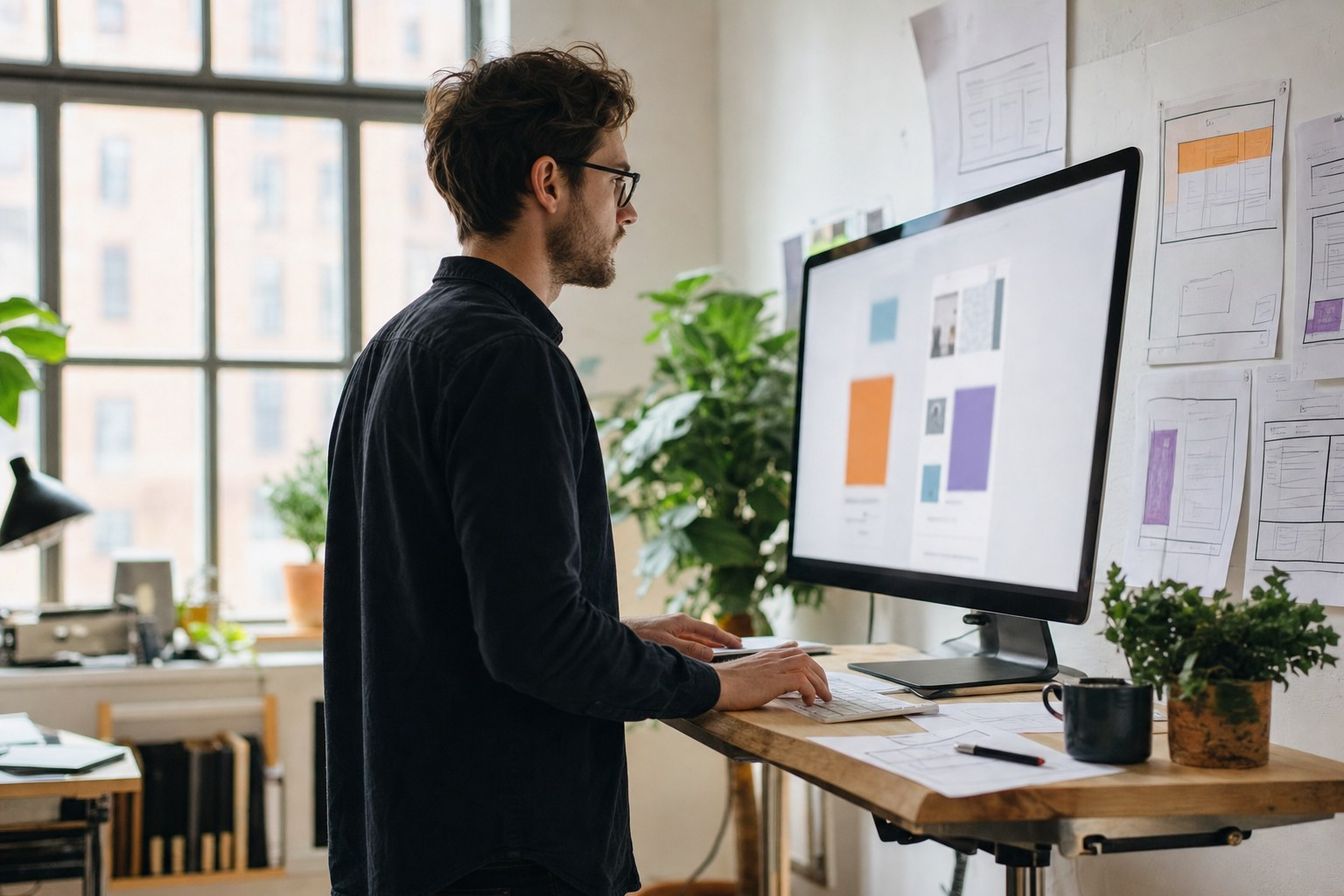 Web designer at a standing desk building a page layout on a large monitor