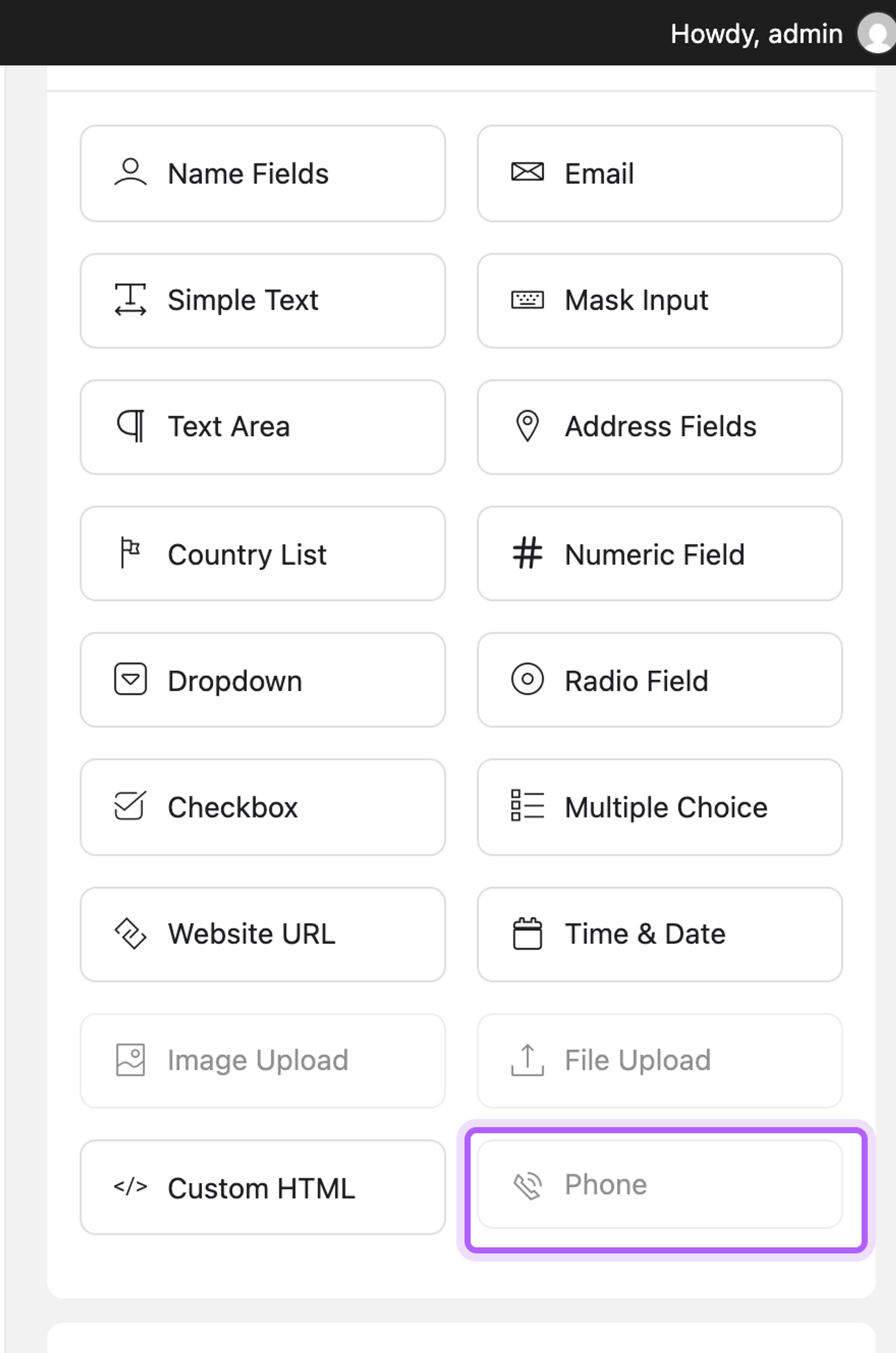 The Fluent Forms field list with the Phone, File Upload and Image Upload fields greyed out in the free version