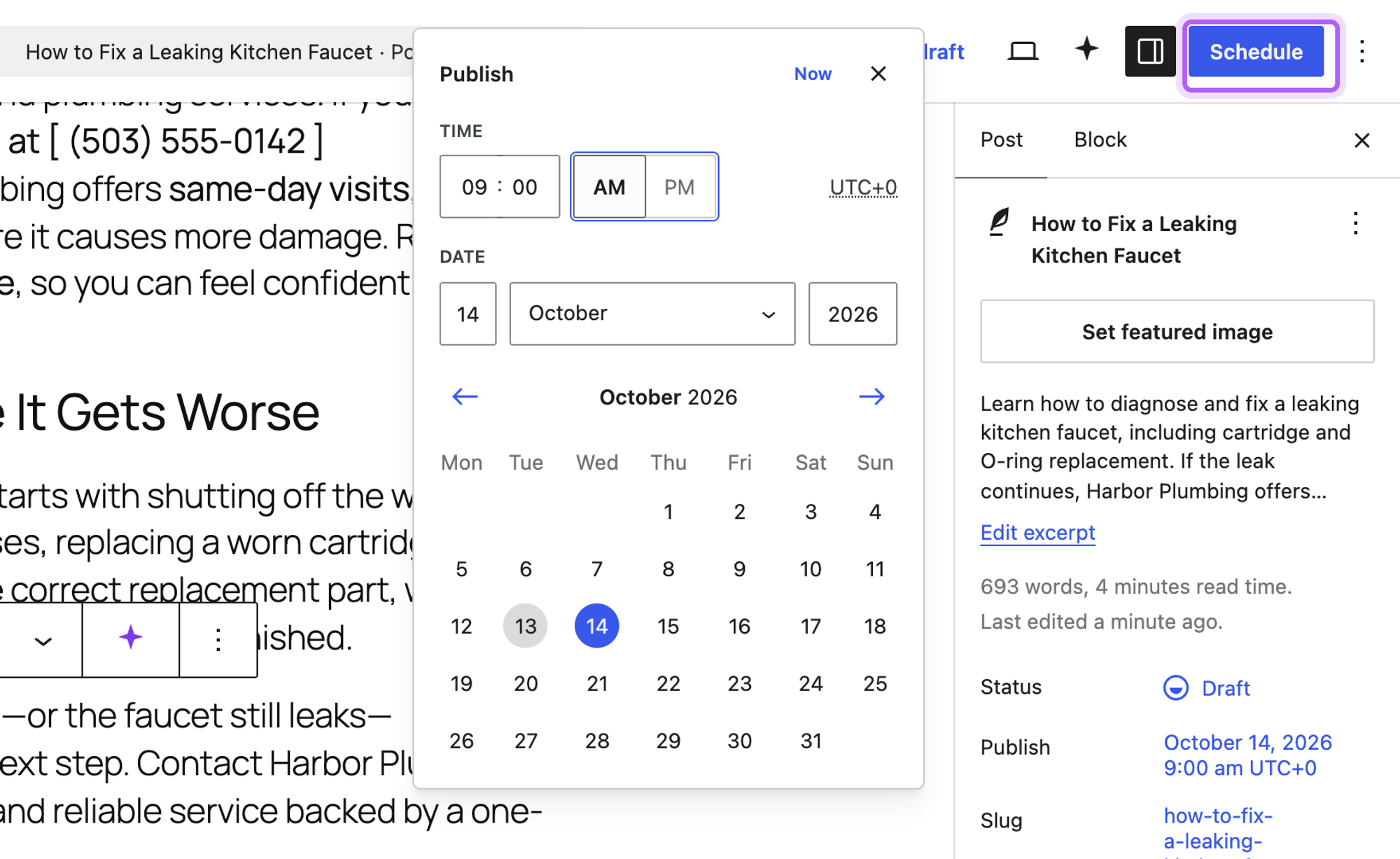 The WordPress Publish date picker set to 14 October 2026 at 9:00 AM with the Schedule button highlighted