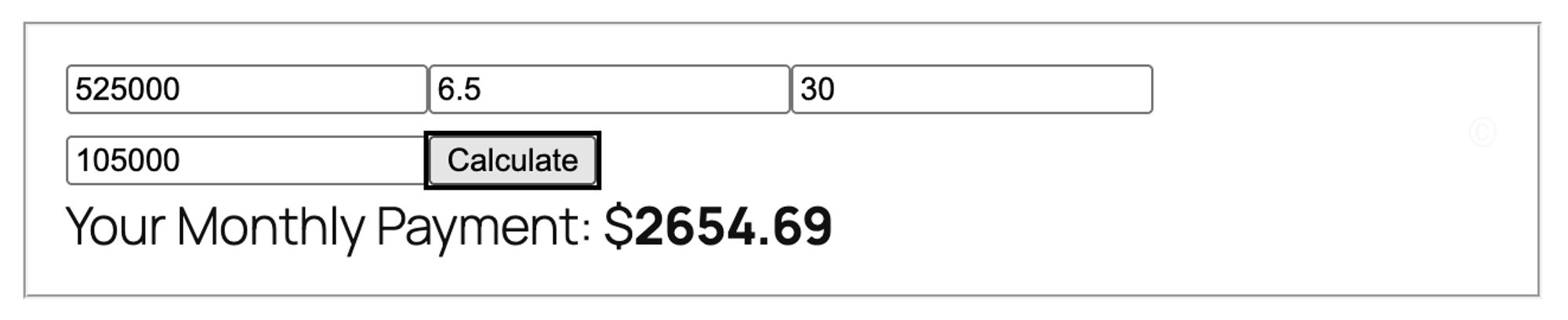 Simple Mortgage Calculator on a listing page with 525000, 6.5, 30 and 105000 entered and Your Monthly Payment: $2654.69
