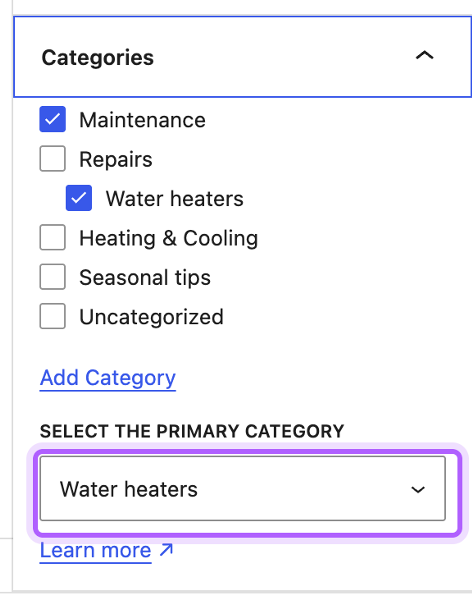 The Categories panel in the block editor with Maintenance and Water heaters ticked and the Yoast SEO field Select the primary category set to Water heaters, highlighted