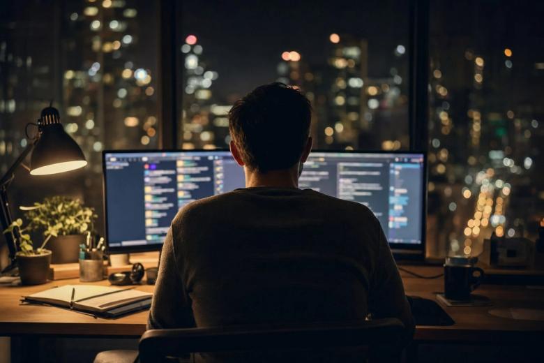 Developer at night working on two monitors showing long lists of posts