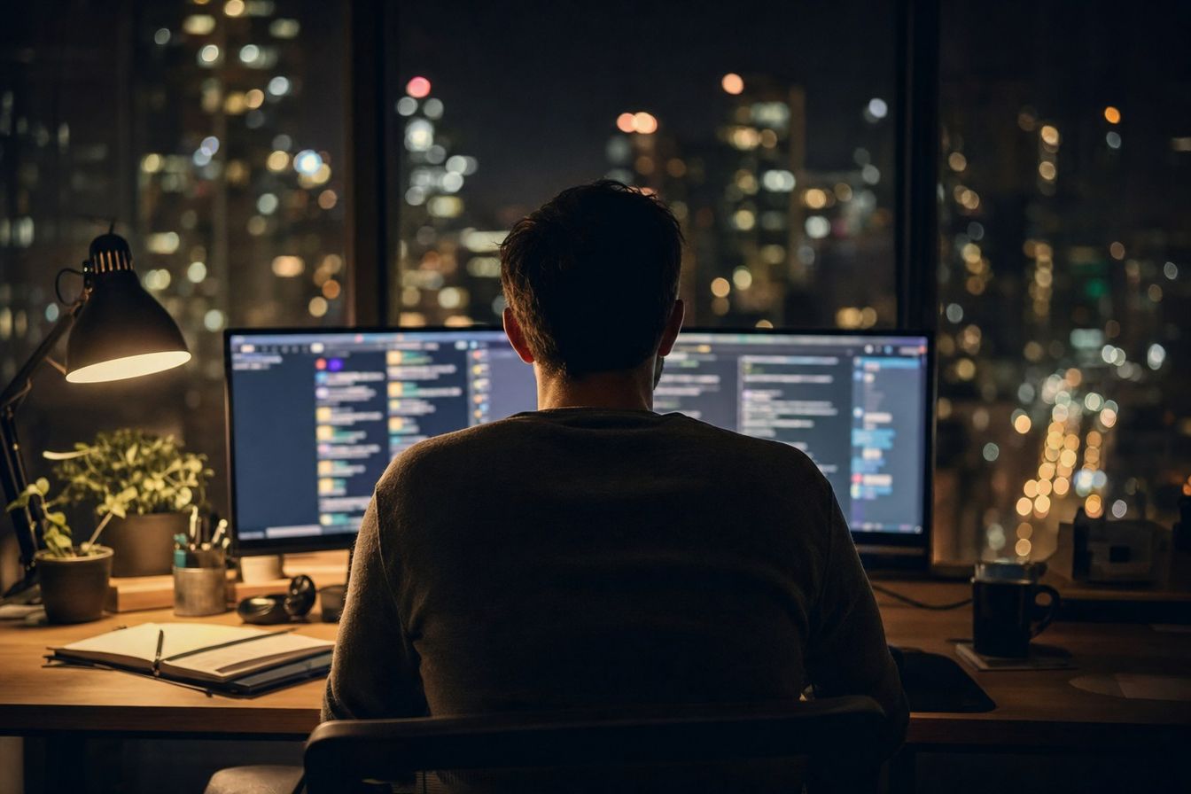 Developer at night working on two monitors showing long lists of posts