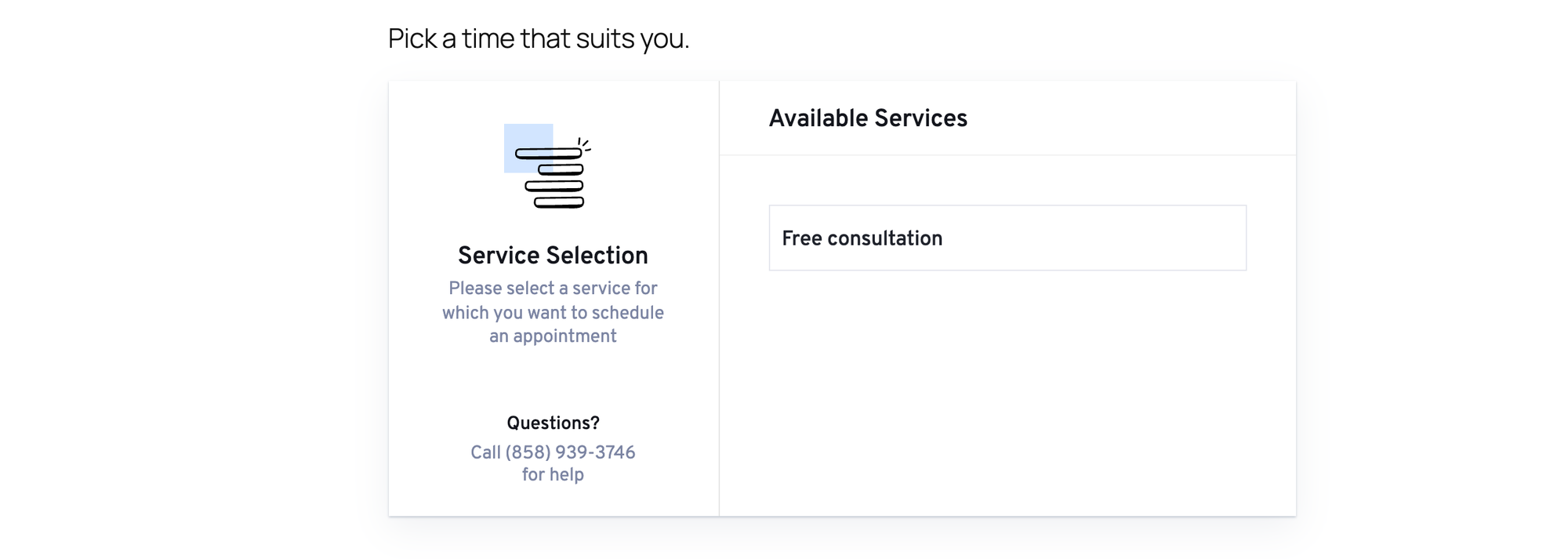 LatePoint's booking form on the service step, with a sample help phone number in the sidebar