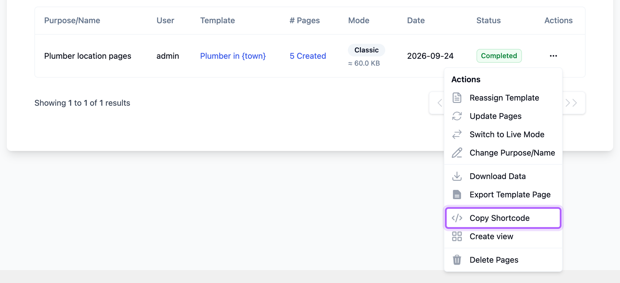 The page set menu in LPagery's Manage Pages with Copy Shortcode highlighted