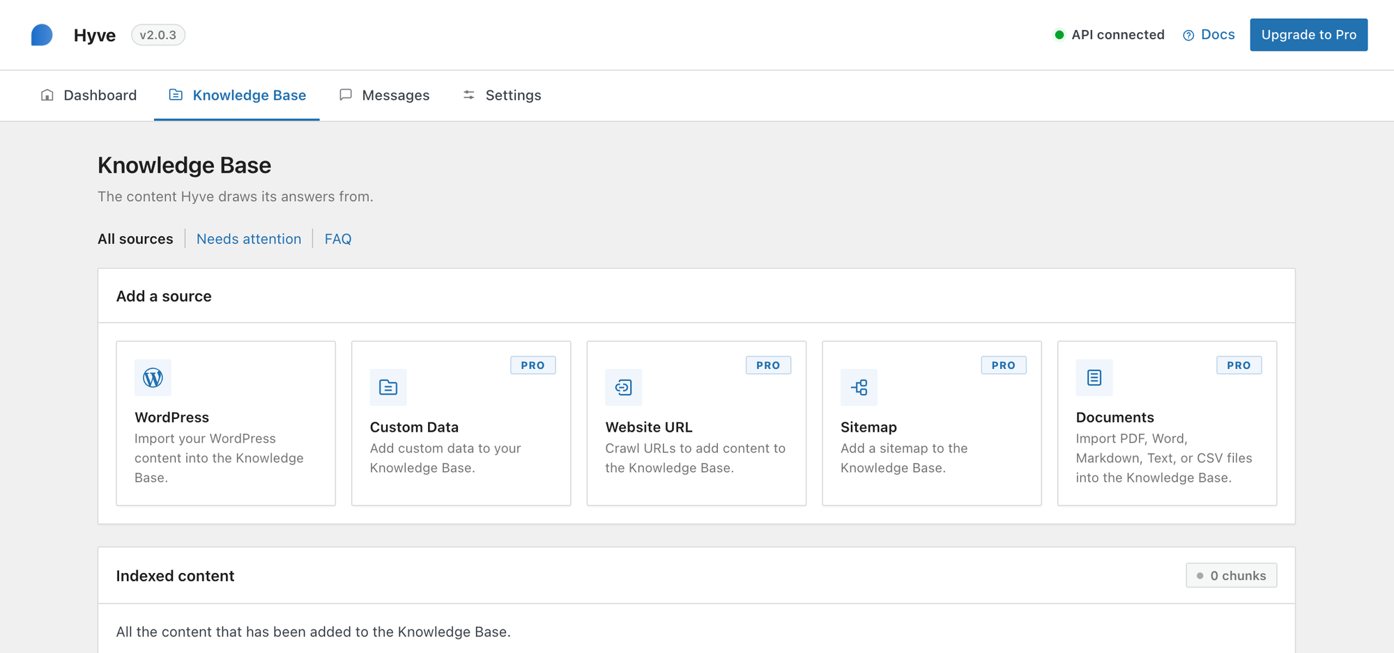 Hyve's Knowledge Base sources, with WordPress free and Custom Data, Website URL, Sitemap and Documents marked Pro