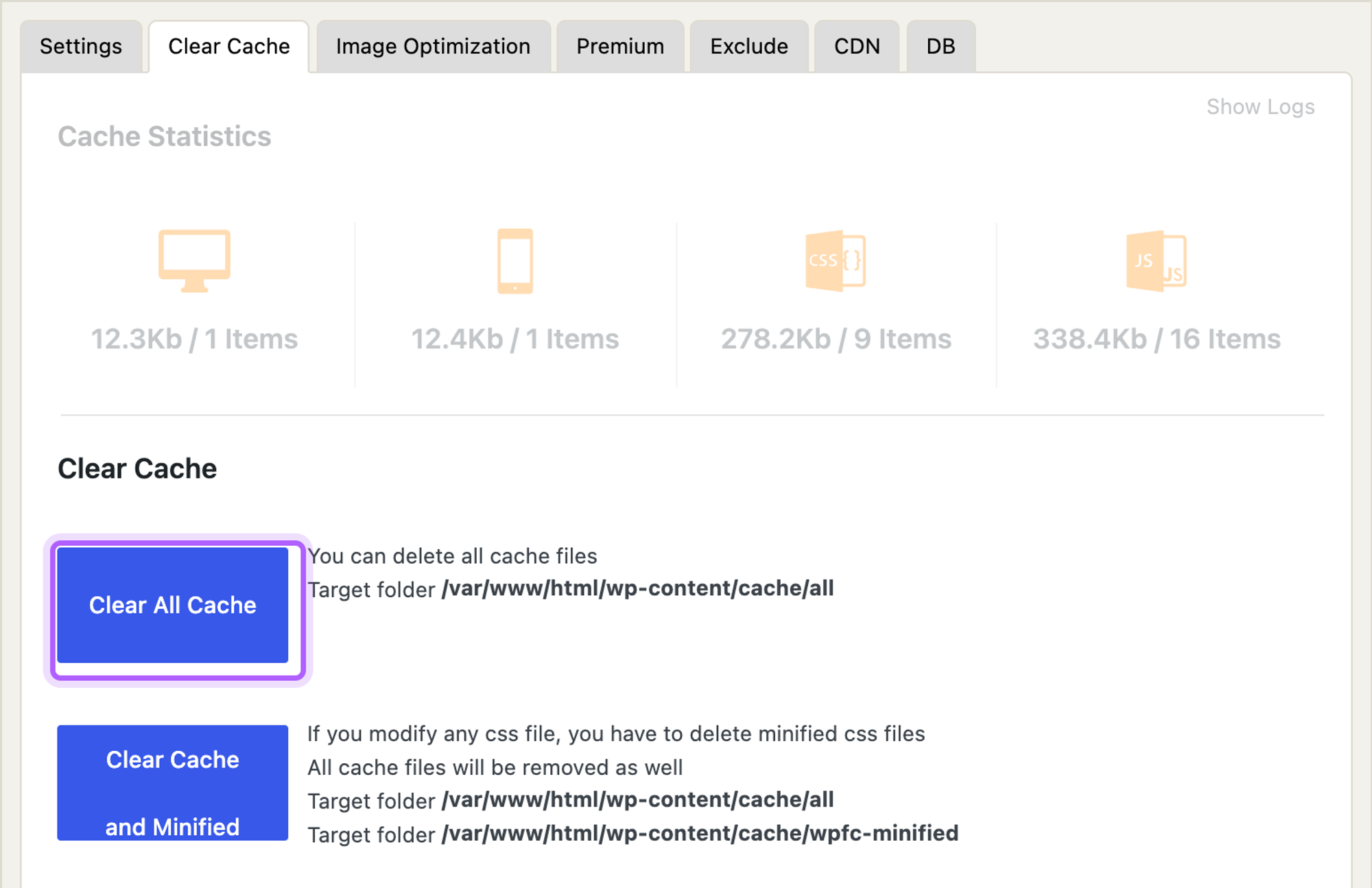 The Clear Cache tab in WP Fastest Cache with the Clear All Cache button highlighted