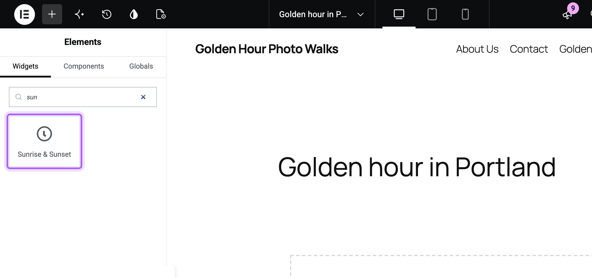 The Elementor editor's Elements panel with the search term sun and the Sunrise & Sunset widget highlighted