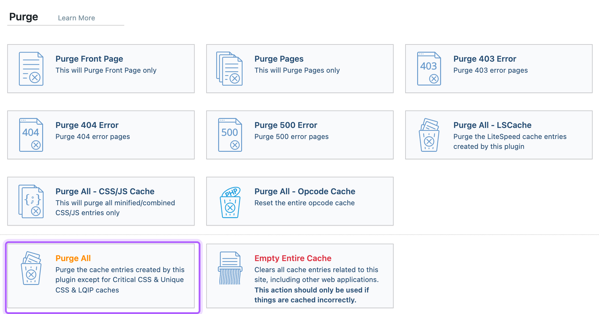The Purge tab in the LiteSpeed Cache Toolbox with the Purge All option highlighted