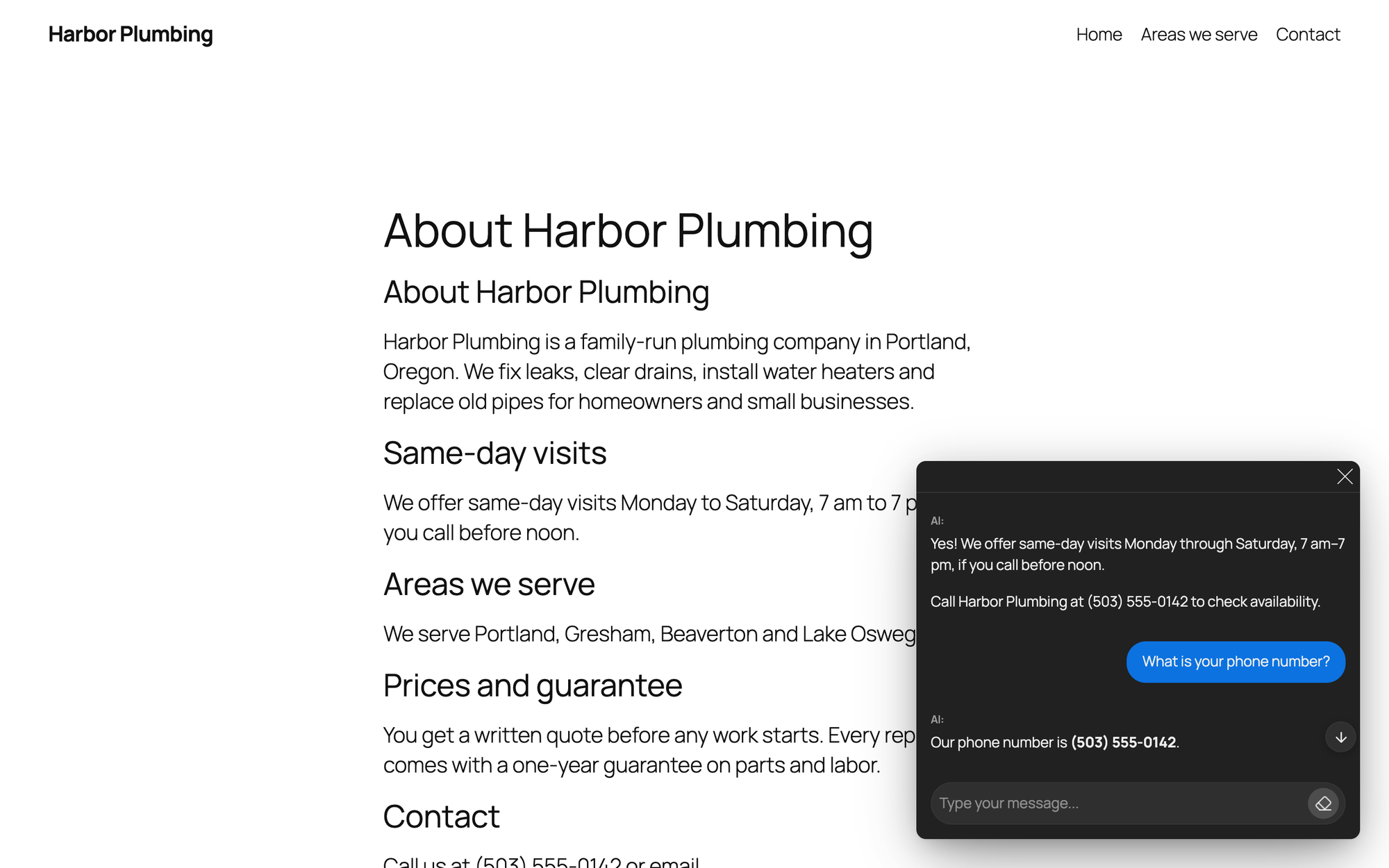 The AI Engine chatbot on the Harbor Plumbing About page answering the same-day and phone number questions
