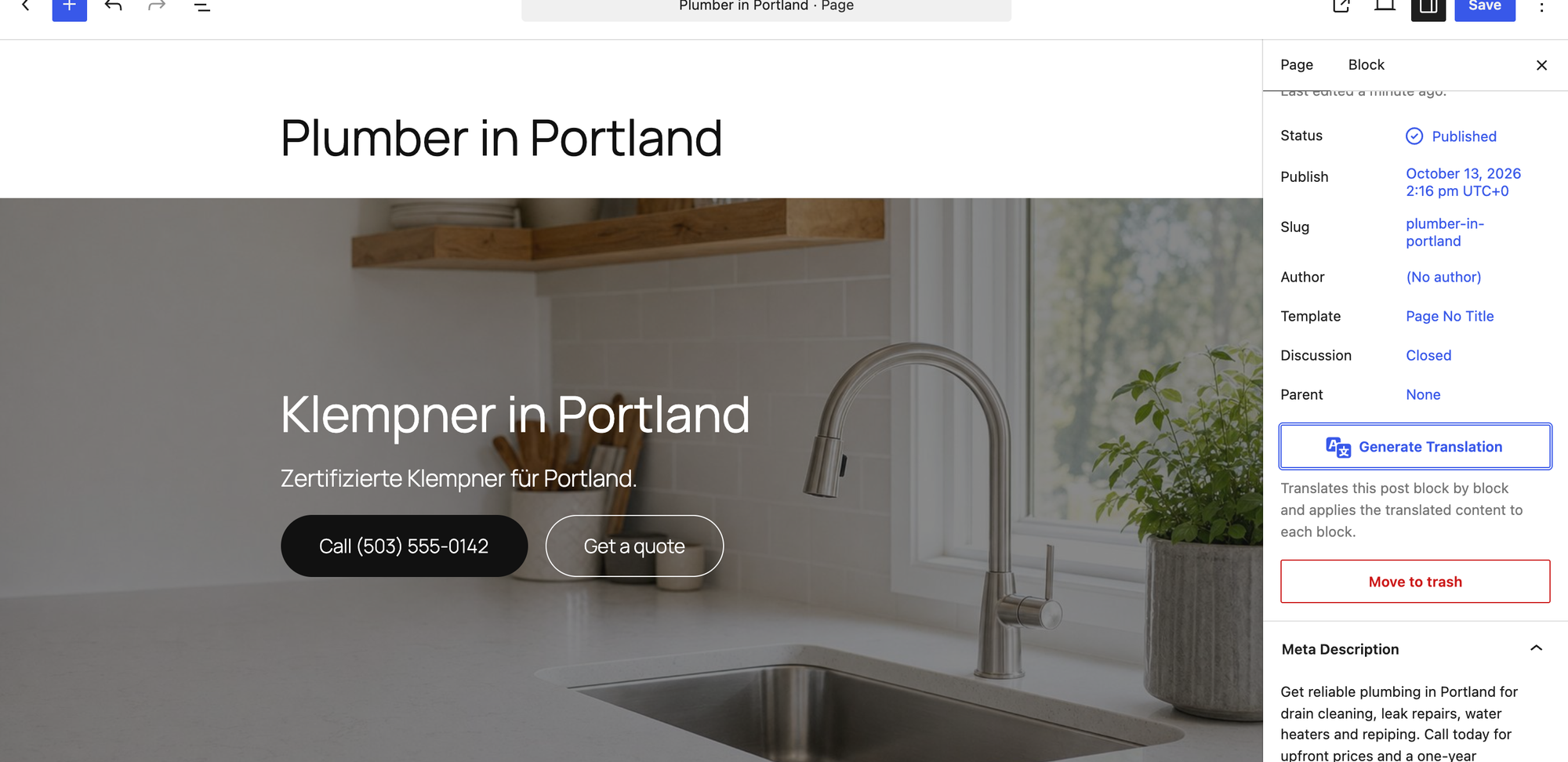 The Plumber in Portland page in the block editor after Generate Translation, with the heading in German and the two buttons still in English