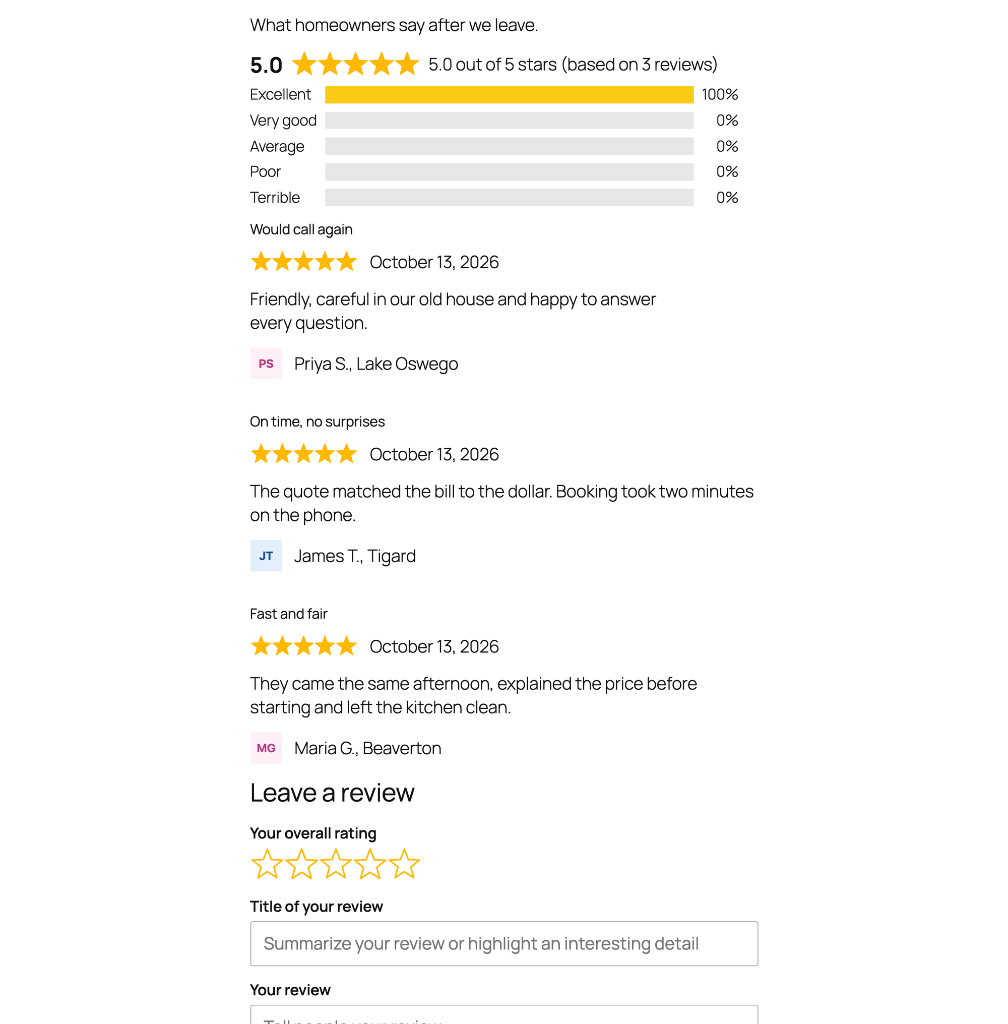 Site Reviews on the page: a 5.0 summary with rating bars, three five-star reviews and the Leave a review form