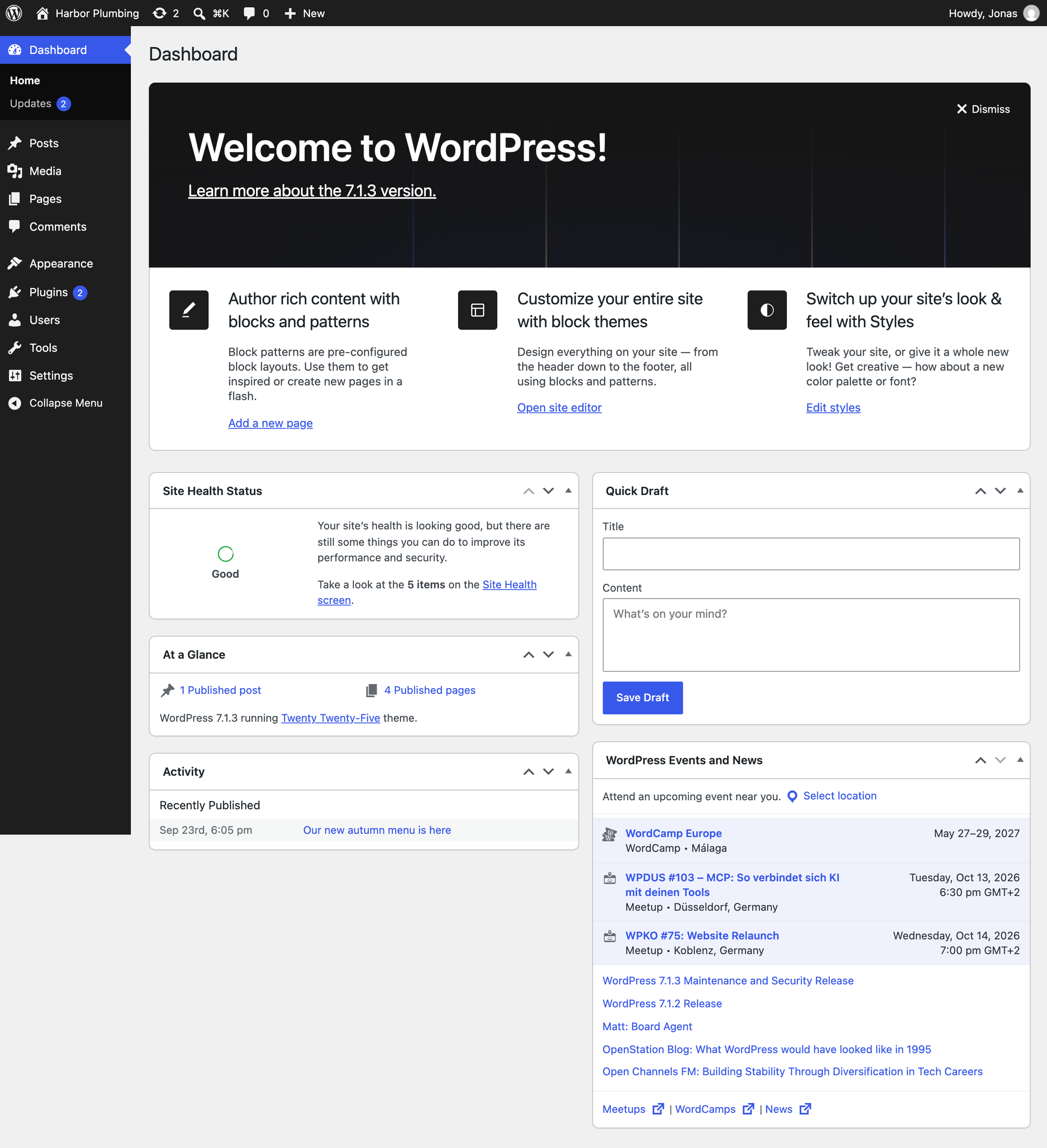 The default WordPress 7.1 dashboard with the Welcome to WordPress panel, Site Health Status, At a Glance, Activity, Quick Draft and WordPress Events and News boxes