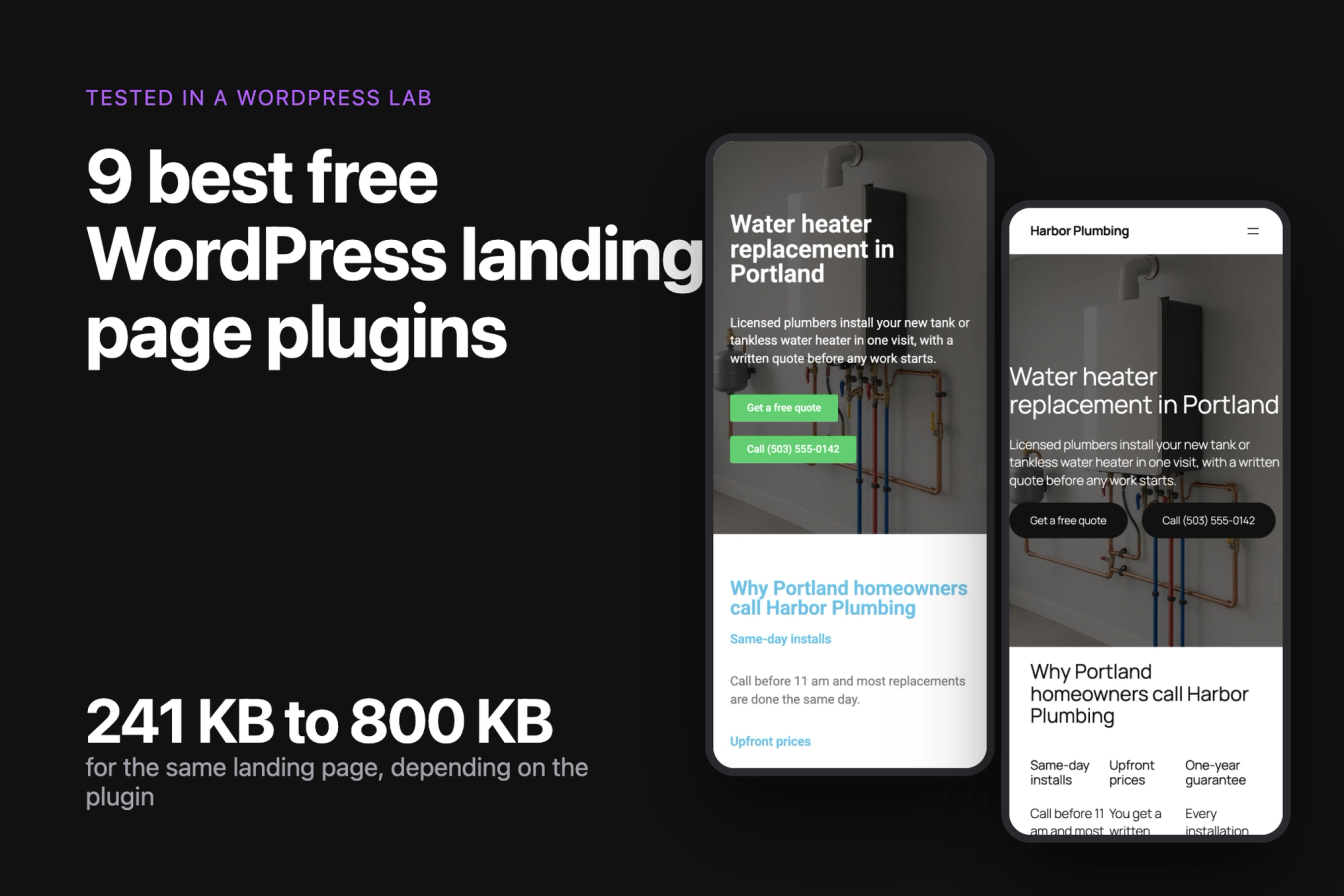 Best free WordPress landing page plugins: the same landing page built with each plugin and measured on a phone