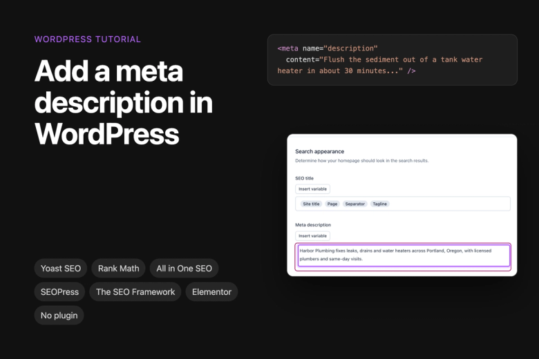 Add a meta description in WordPress: a meta description tag and Yoast SEO's Homepage meta description field