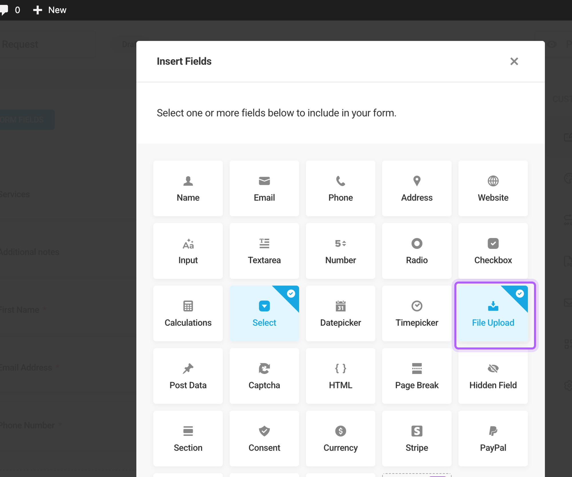 Forminator's Insert Fields dialog with the File Upload field highlighted