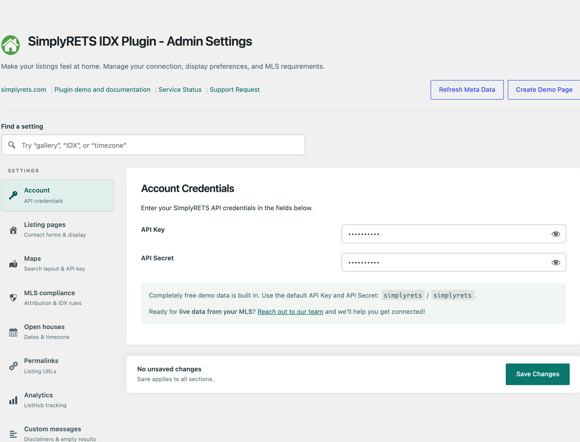 SimplyRETS settings with the demo API key and secret prefilled and the note that free demo data is built in
