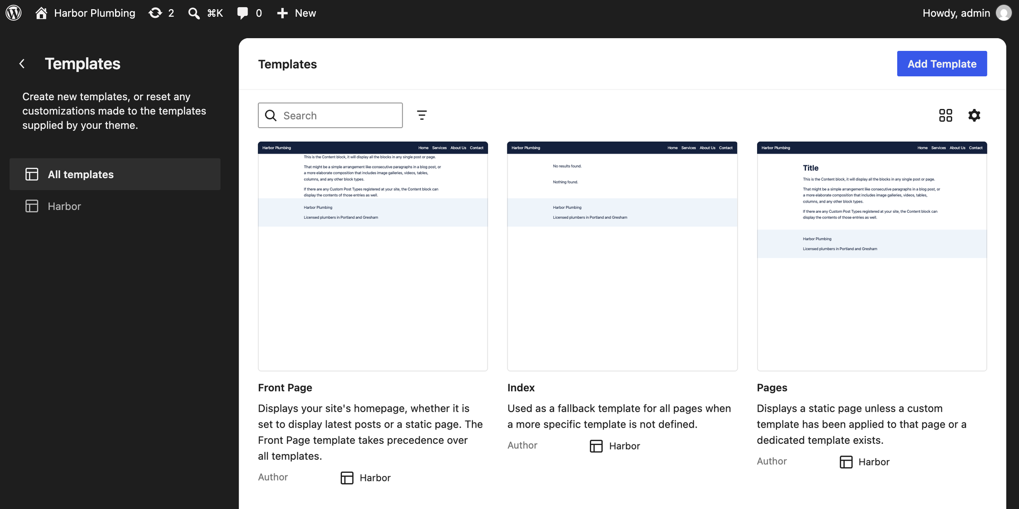 The Site Editor's Templates screen listing the Harbor theme's three templates: Front Page, Index and Pages