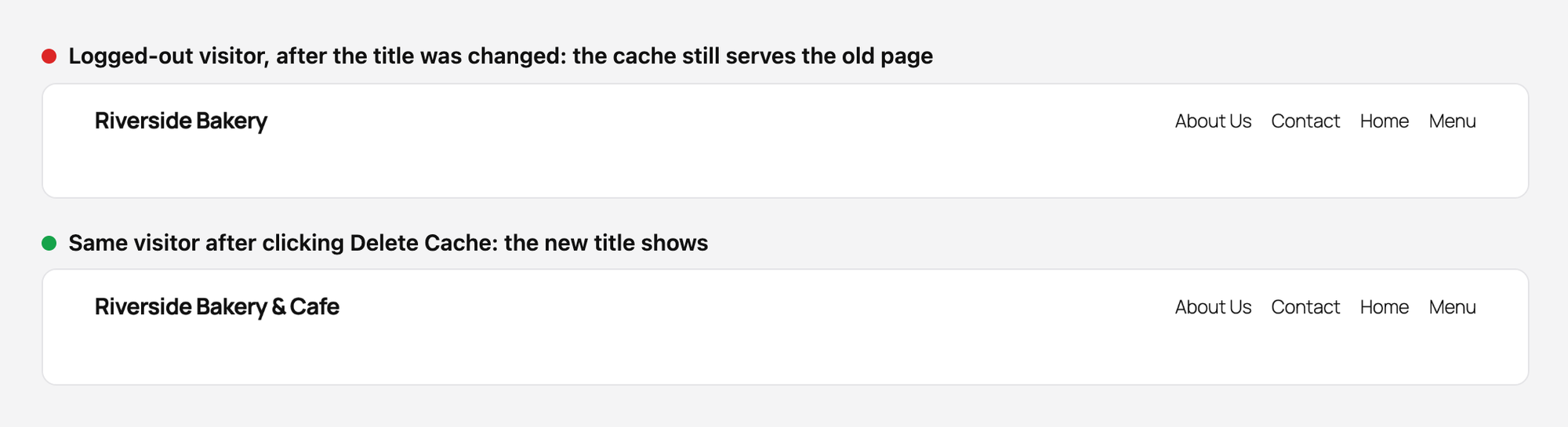The same page before and after clearing the cache: the old site title Riverside Bakery, then the new title Riverside Bakery & Cafe