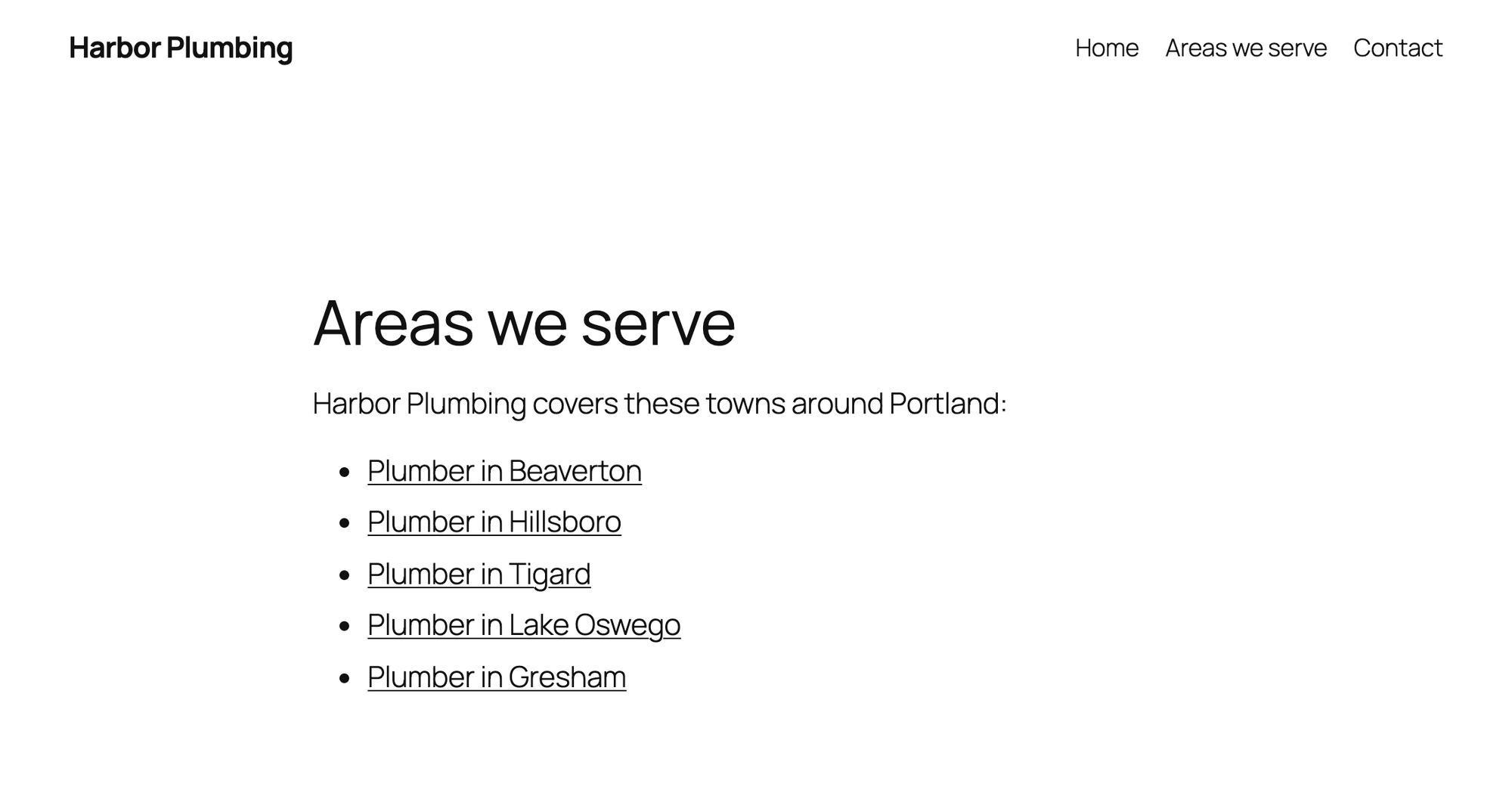 An Areas we serve page with links to the five town pages, linked from the site menu
