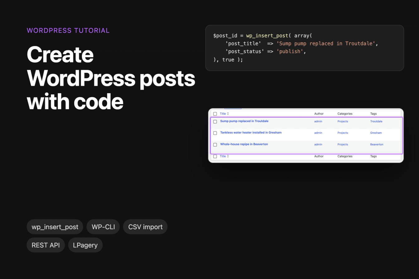 A wp_insert_post call next to the WordPress posts list with three project posts created from a CSV file, each with the Projects category and a town tag