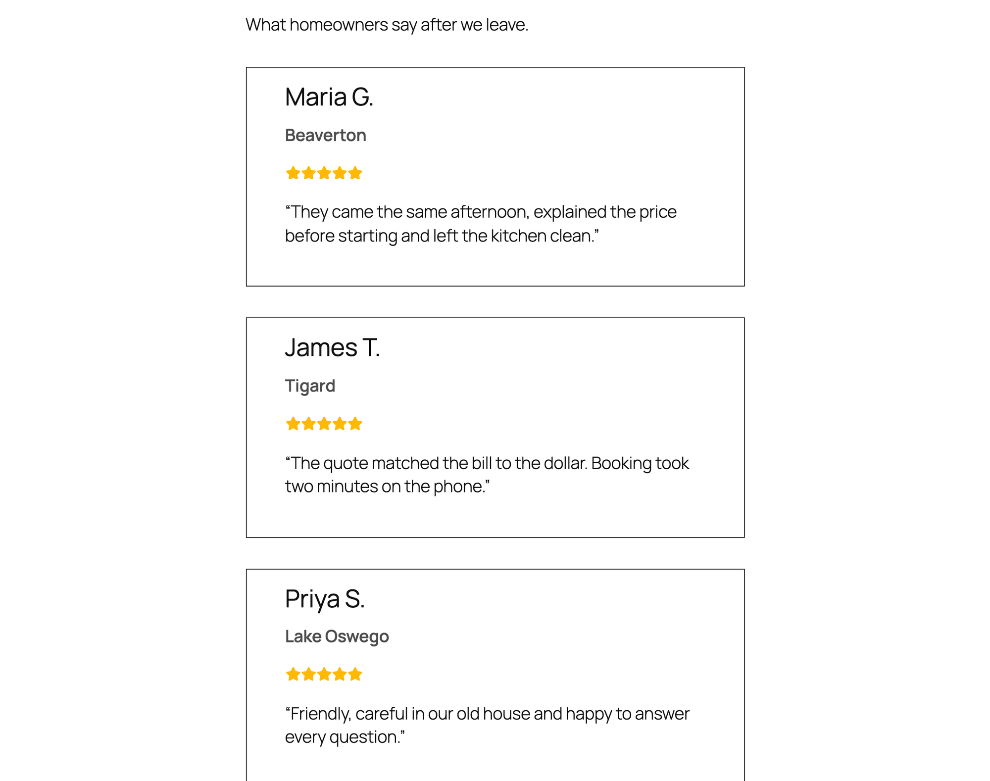 Three five-star testimonials from Strong Testimonials above its submission form
